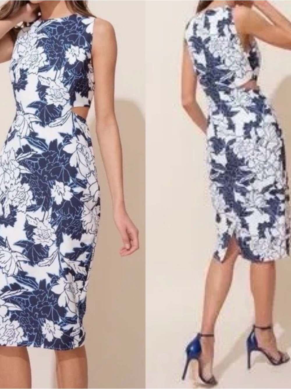 Floral Cutout Sheath Dress in Navy & White